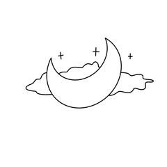 A white background with a large, white crescent moon in the center