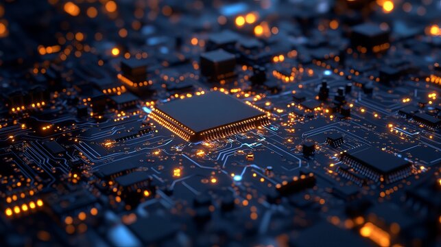 Dynamic digital circuit board glowing with vibrant orange energy, symbolizing advanced technology and innovation in a modern electronic landscape