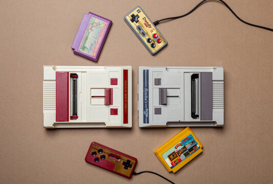 Vintage Video Game Cartridges And Game game Consoles Top view