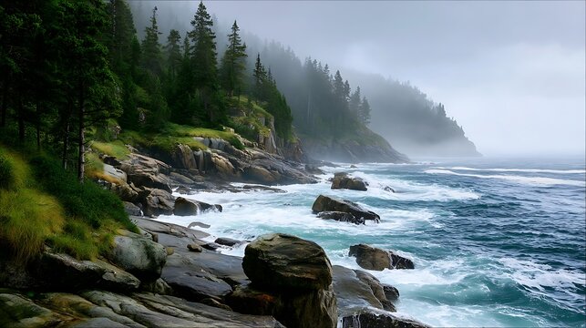Coastal cliffs with waves crashing, misty environment, serene ocean view, lush greenery