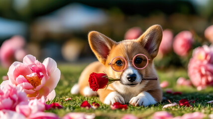 A corgi puppy with a rose in its mouth lies in a green meadow among rose petals and peonies, copy space for a wedding or engagement invitation
