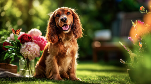 Setters with an engagement bouquet sit on a green spring meadow, invitation card for a celebration and family holiday