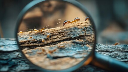 Magnified termite infestation on wood poses serious pest control challenges, showing the destructive nature and potential damage to property structures