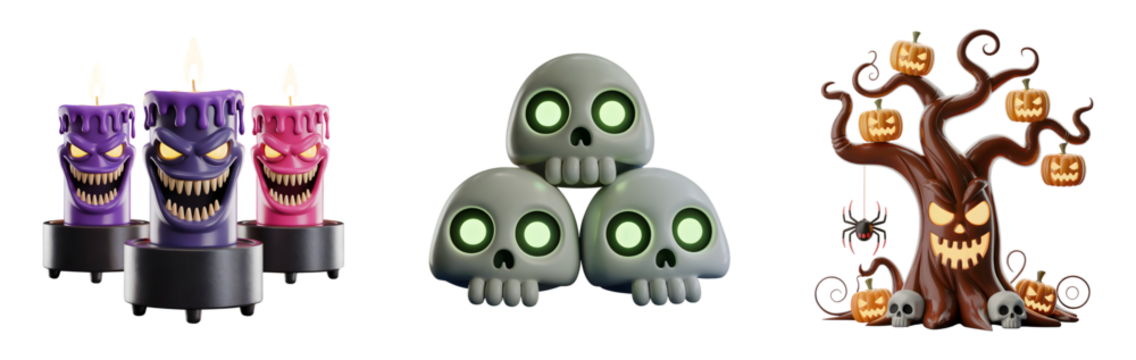 3d Spooky Halloween elements including grinning skulls haunted candles and a jack-o'-lantern tree with spider isolated on png transparent background