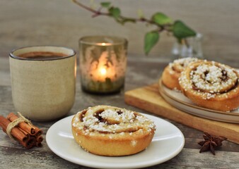 Cinnamon bun (kanelbulle).Traditional Scandinavian pastries.