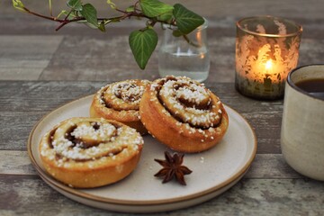 Cinnamon bun (kanelbulle).Traditional Scandinavian pastries.