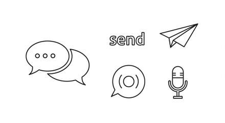 A set of communication icons, including speech bubbles, a paper airplane, the word send, and a microphone