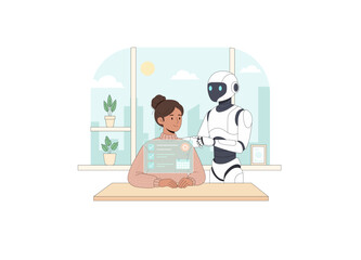 A friendly, modern white humanoid robot stands beside her, its finger pointing towards the screen, suggesting guidance, assistance, or collaboration. 