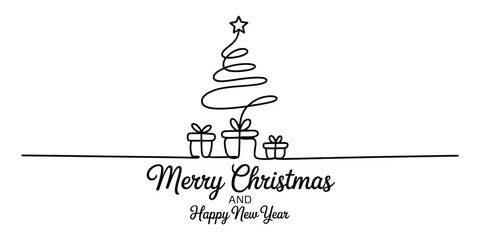 Continuous line drawing christmas tree with gifts and greetings