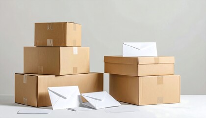 Stack of Cardboard Boxes and Envelopes on White Surface.