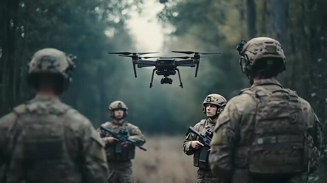 A squad of soldiers in full combat gear deploying an unmanned aerial vehicle for surveillance in a dense forest