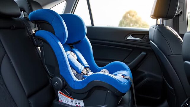 Blue child safety seat empty on the back seat of a car. Concept of family travel, safety, transportation, and waiting for a child