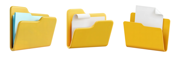 3d Organized yellow folders with documents ready for efficient business workflow and data management isolated on png transparent background