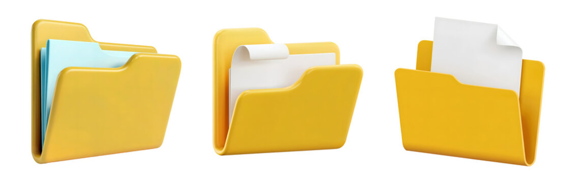 3d Organized yellow folders with documents ready for efficient business workflow and data management isolated on png transparent background