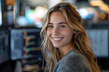 A young woman with long, wavy hair smiles while sitting at her desk. Multiple computer screens show graphs and data behind her. The office is bright and modern, creating a lively atmosphere