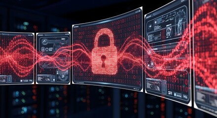 Cyber Security Concept Showing Red Padlock and Binary Code on Monitors in Dark Server Room Threat of Hacking and Data Breach 150 Characters