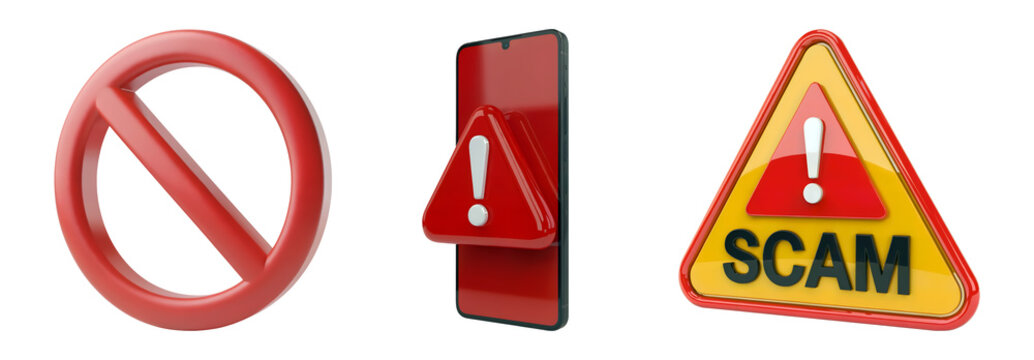 3d Stop online scams with warning signs and alert notifications on your phone isolated on png transparent background