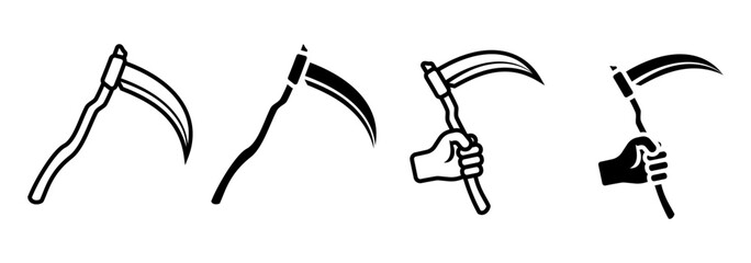 Scythe icon set. A set of simple scythe icon illustrations, both with and without a hand. Suitable for use in designs related to halloween, farming, harvesting, horror, and medieval themes.