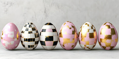 Colorful Easter eggs with chess patterns placed on a light surface for spring celebrations
