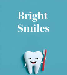 Bright tooth holding a tiny pastel toothbrush promotes dental health and smiles in a cheerful setting