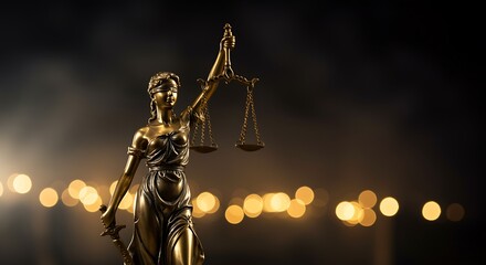 Statue of Lady Justice in Golden Light Symbolizing Legal System
