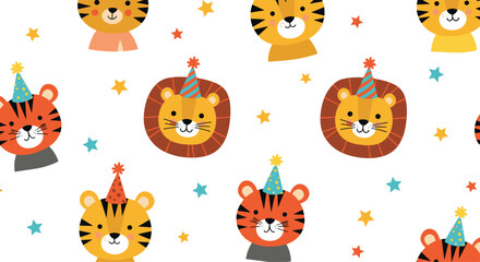 Obraz premium Cheerful and cute seamless pattern for a kids' birthday party, featuring the faces of smiling lions and tigers wearing party hats among colorful stars on a white background.