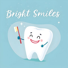 Cheerful tooth character holding a toothbrush in soft pastel colors promoting dental health for children