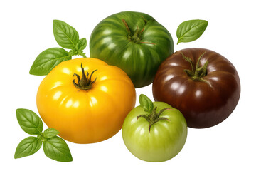 Heirloom tomatoes in various colors with fresh basil leaves, showcasing healthy food ingredients and garden produce on transparent background