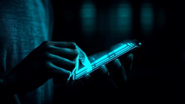 Person Using Smartphone with Futuristic Neon Glow in Dark Environment