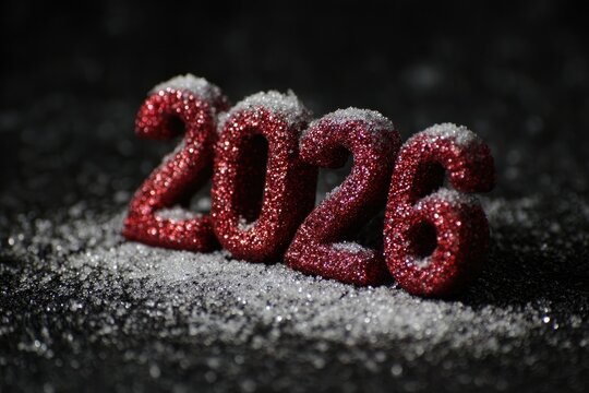 Red snowy number 2026, on dark black festive background with snow