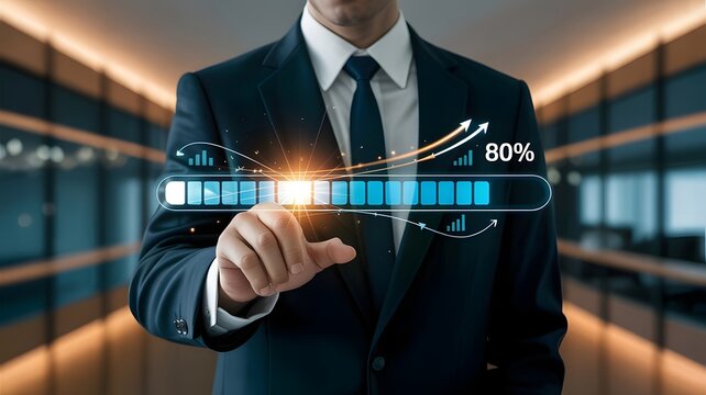 A person in a blue suit holding a smartphone displaying an updating progress bar at eighty percent