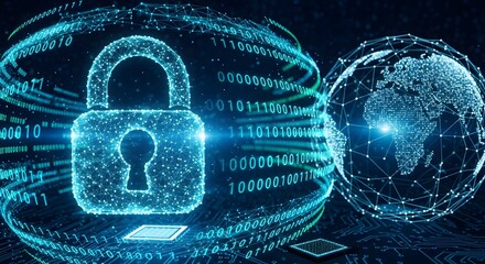 Global Cyber Security Digital Padlock with Binary Code Worldwide Internet Protection Technology in Futuristic Design 150 Characters