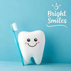 Smiling tooth character with tiny toothbrush on a pastel blue background promoting dental health and bright smiles for children’s hygiene