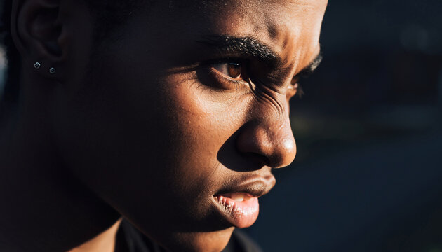 Close-up profile of a person's face showing intense emotion.