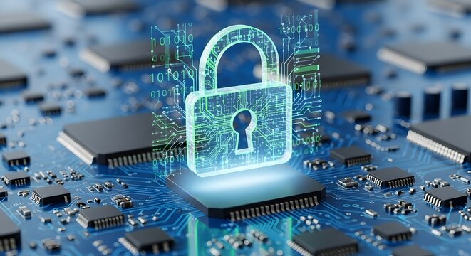 Cyber Security Lock Padlock Digital Data Protection With Microprocessor Circuit Board Technology And System Safety Abstract Concept