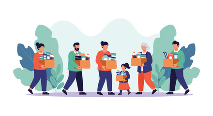 Diverse group of volunteers, including families and seniors, holding donation boxes with essential goods, illustrating community support and charity work.