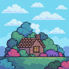 Cozy pixel art cottage in nature
