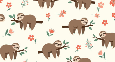 Naklejka premium Adorable seamless pattern of cute, sleepy sloths hanging on tree branches surrounded by delicate flowers, creating a charming and gentle animal background.