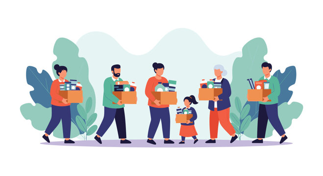 Diverse group of volunteers, including families and seniors, holding donation boxes with essential goods, illustrating community support and charity work.