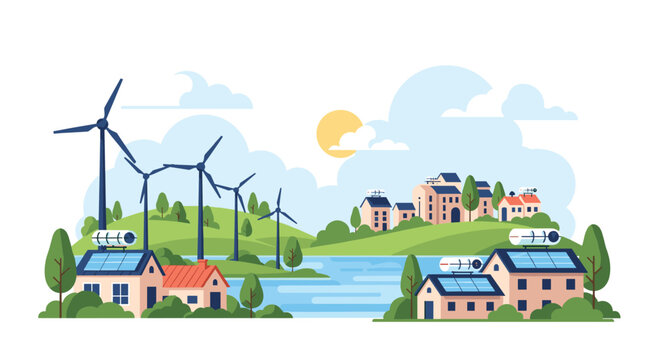 Eco-friendly community concept with modern houses powered by solar panels and wind turbines, showcasing sustainable living and renewable green energy sources.