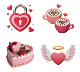 3d Celebrate love and romance with charming heart-shaped Valentine's Day icons and sweet treats isolated on png transparent background