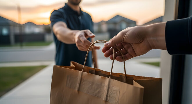 Home Delivery Service: Person Handing Over Grocery Bag at Sunset in a Neighborhood Outside a House with Trust and Satisfaction - Powered by Adobe