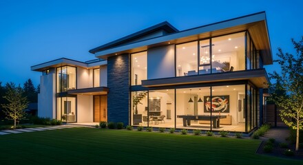 Luxury Modern Home Exterior at Twilight with Illuminated Interior and Billiard Room