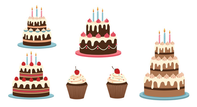Delicious set of cartoon birthday cakes and cupcakes with chocolate, cream frosting, and lit candles, perfect for any sweet celebration or party invitation.