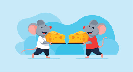 Two cheerful cartoon mice characters happily working together to carry large wedges of delicious Swiss cheese, illustrated in a cute flat style.
