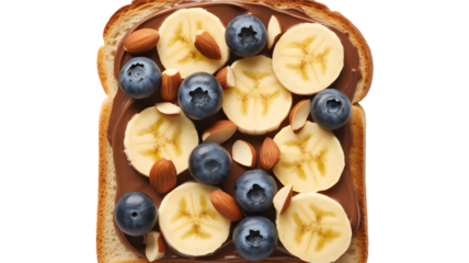 A slice of toast with chocolate spread topped with banana slices, blueberries, and almonds, transparent, png, isolated.