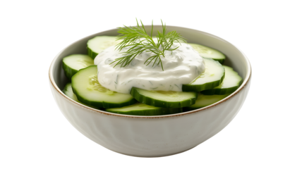A fresh cucumber salad with creamy sauce and dill on top, isolated transparent png image.