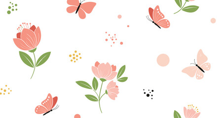 Delicate seamless spring pattern with cute pink flowers, graceful butterflies, and abstract dots, creating a charming and gentle background for textiles.