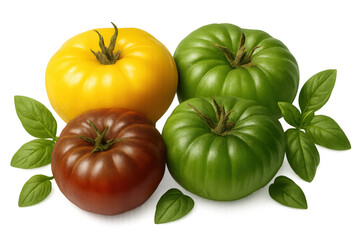 Heirloom tomatoes in various colors with fresh basil leaves, showcasing healthy organic produce and garden harvesting
