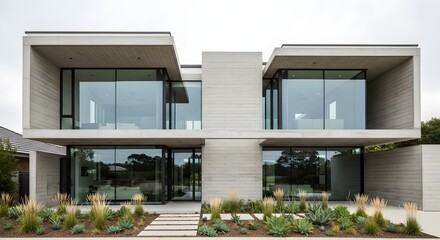 Modern Concrete House with Large Glass Windows and Xeriscape Garden